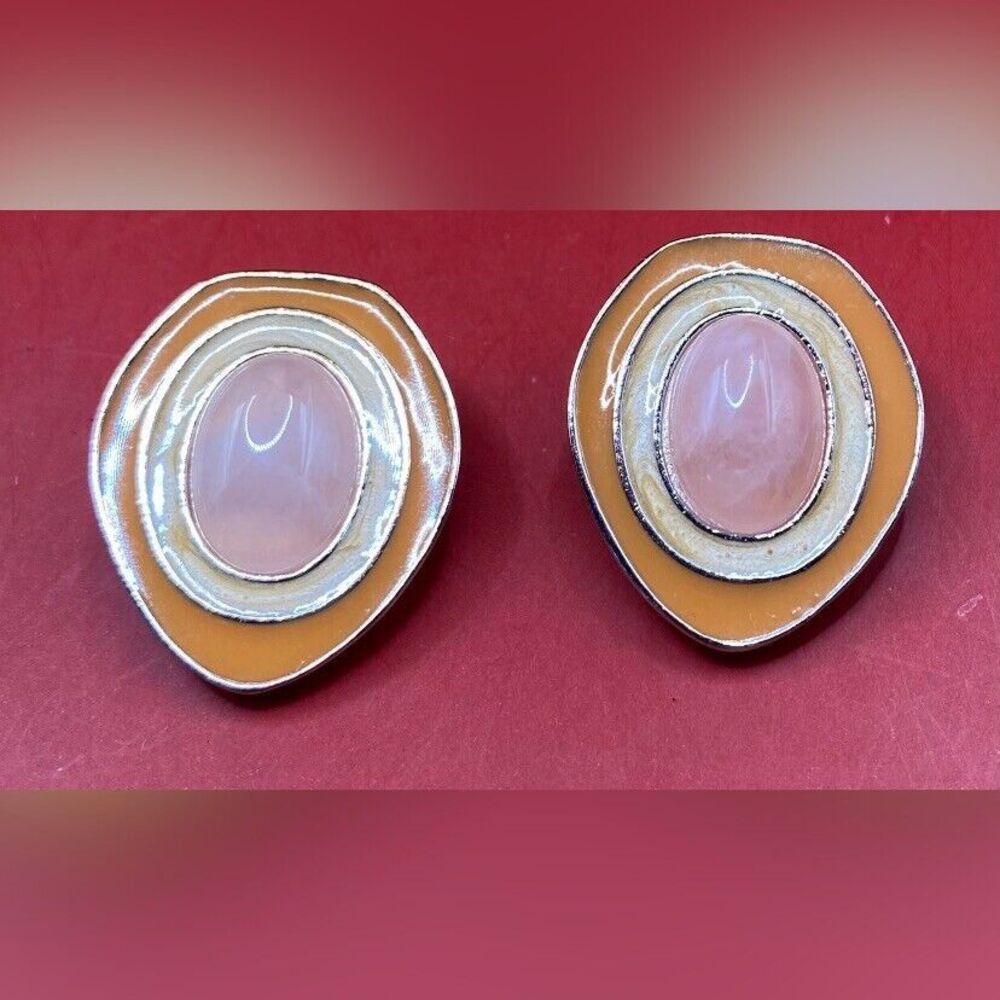 C.S. By Avon Earrings Rose Quartz Enamel Clip On Orange Pink 1.25” Vintage